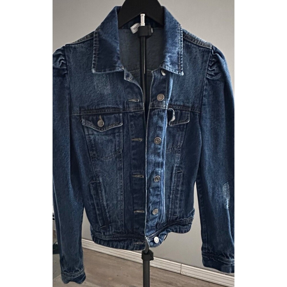 Elan Women's Blue Jacket Ruched Shoulders Collared Button Pockets Short Size S